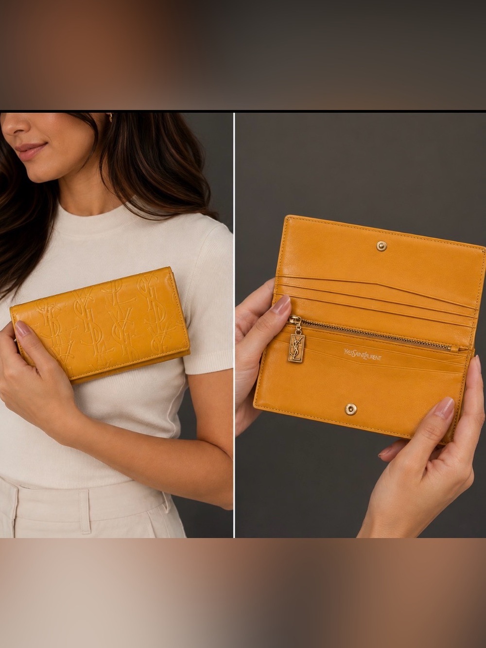 YSL Yves Saint Laurent Mustard Leather Embossed Wallet